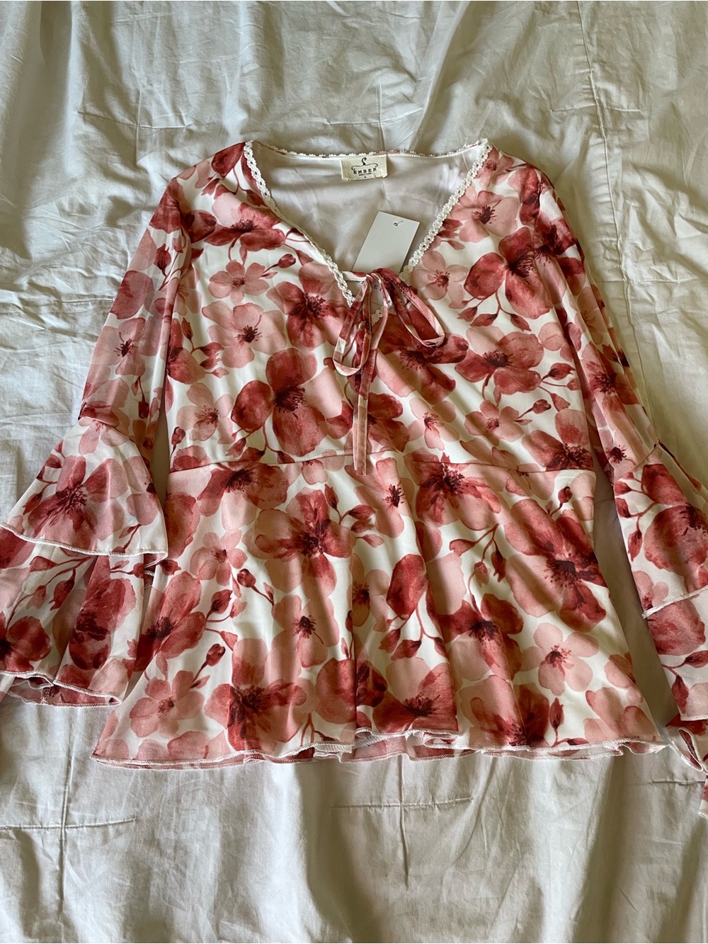 NWT Ember Floral Tie-Neck Peplum Top - Pink Size Large
